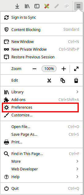 Firefox's Preferences options on the menu.