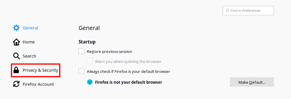 The Privacy & Security Panel on the Firefox Preferences screen.