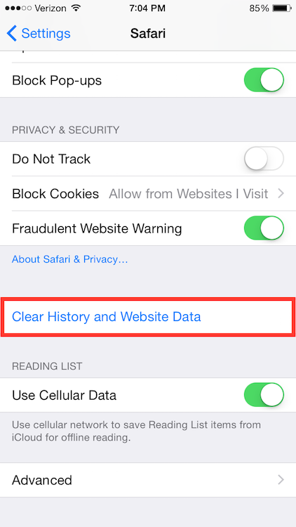 The Clear History and Website Data menu option on iOS